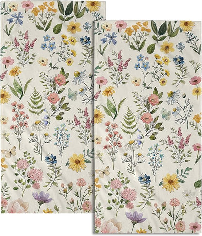 Watercolor Wildflowers Spring Kitchen Towels 14"x28" Set of 2 Rustic Floral Hand Bath Towel Vintage Flowers Seasonal Soft Absorbent Fingertip Towel for Bathroom Shower Hotel Gym