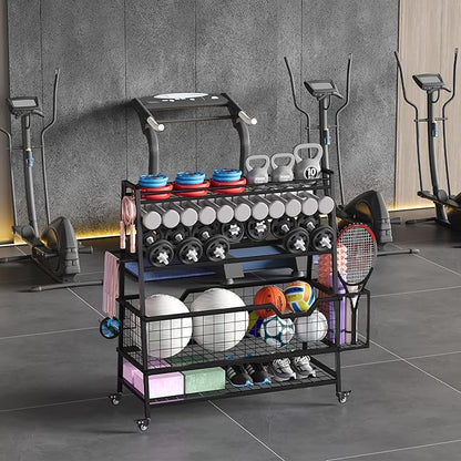 Dual-Sided Dumbbell Rack with Hooks & Wheels, Adjustable Home Gym Storage Rack for Dumbbells, Kettlebells, Balls, Yoga Mats, Ab Roller, Weight Rack Organizer for Workout Equipment