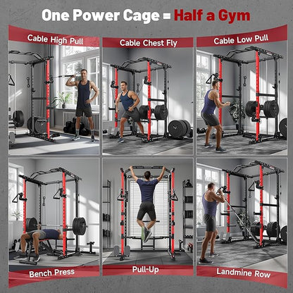 Sportsroyals Squat Rack, LAT Power Cage, Power Rack Multi-Function with Pulley System and Training Attachments for Home Gym