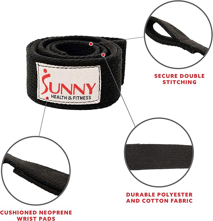 Sunny Health & Fitness Lifting Straps with Neoprene Padding, 2000lb Weight Capacity Heavy Duty Workout Wrist Straps for Weightlifting and Cross Training (Pair), Black