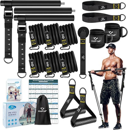 Pilates Bar Kit with Resistance Bands, Multifunctional Metal Exercise Bar with Heavy-Duty Metal Adjustment Buckle, Portable Home Gym Pilates Resistance Bar Kit for Heavy Weight Training Men&Women