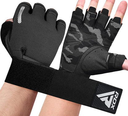 RDX Weight Lifting Gloves, Additional Stretchable Long Wrist Support, Full Palm Grip, Men Women Fitness HIIT Workout, Bodybuilding Powerlifting Strength Training Cycling Exercise Home Gym Equipment