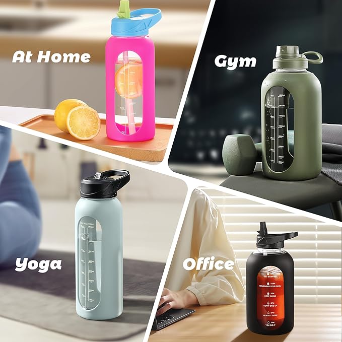 CIVAGO 64 oz Glass Water Bottle Jug with Straw and Handle, Half Gallon Sports Motivational Water Bottle with Time Marker, Wide Mouth Water Flask Canteen with Silicone Sleeve for Gym, Wave Blue