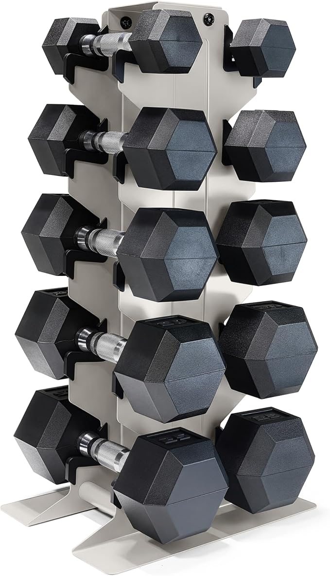 CAP Barbell Rubber Coated Hex Dumbbell Set with Vertical Rack | 100-300 lbs Free Weights Dumbbells Set for Home Gym | Multiple Options