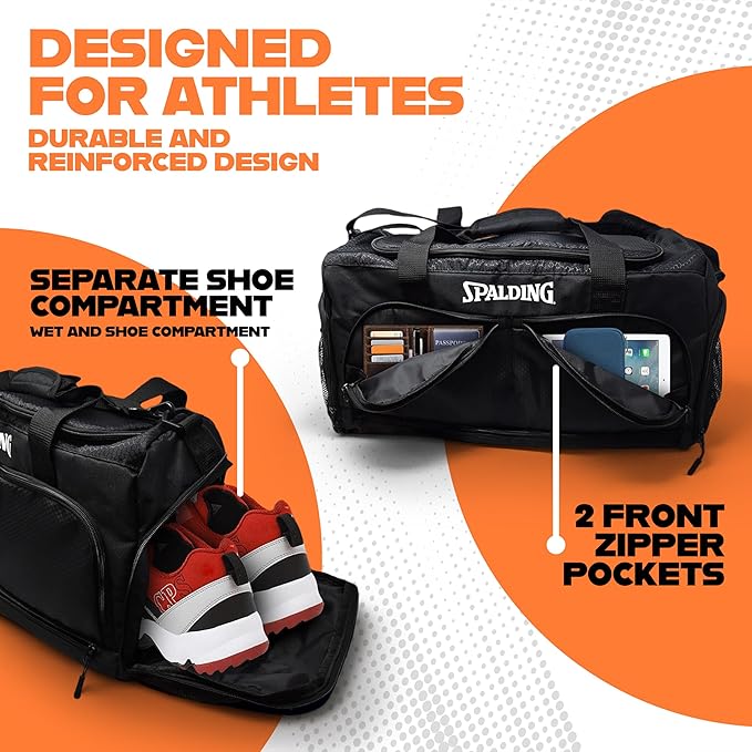 Spalding Sports Basketball Duffle Bag | Large Basketball Duffel Bag for Women and Men | Great for Workout and Travel | with Wet and Shoe Compartment | 10 Durable Strong Zippered Pockets