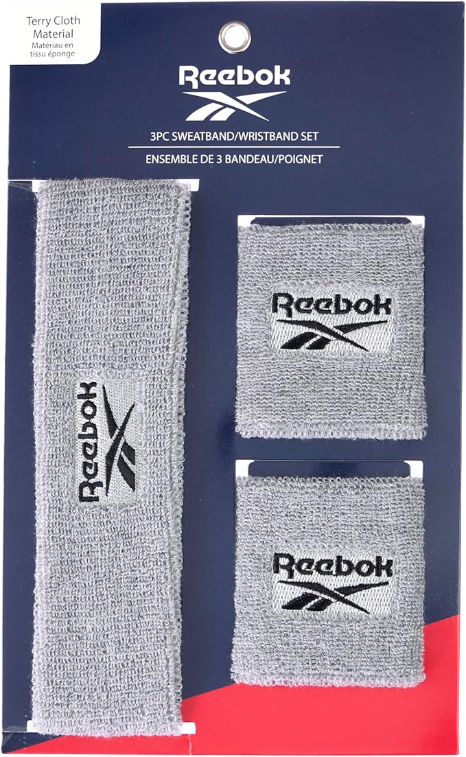 3pc Unisex Athletic Sweatband Set - 2.25in Workout Headband & 3.25in Wristbands w/Stay Dry Technology, Terry Cloth Band Moisture-Wicking Fabric | Quality Fitness Accessories for Active Comfort-Reebok