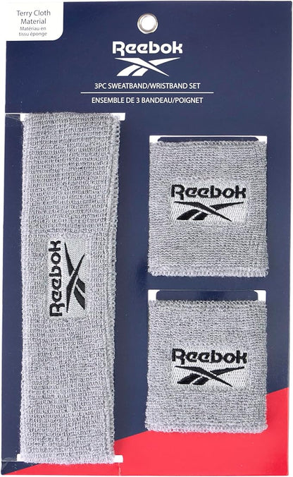 3pc Unisex Athletic Sweatband Set - 2.25in Workout Headband & 3.25in Wristbands w/Stay Dry Technology, Terry Cloth Band Moisture-Wicking Fabric | Quality Fitness Accessories for Active Comfort-Reebok
