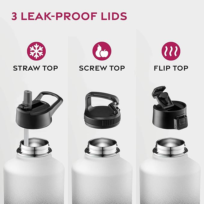 FineDine Water Bottle - Stainless Steel Insulated Water Bottle with Straw Lid, Flip Lid & Wide-Mouth Cap - Keeps Hot and Cold - 64 Oz / 1.89L - Dreamy Black-White