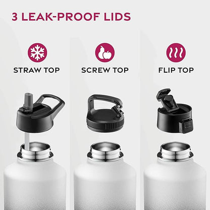 FineDine Water Bottle - Stainless Steel Insulated Water Bottle with Straw Lid, Flip Lid & Wide-Mouth Cap - Keeps Hot and Cold - 64 Oz / 1.89L - Dreamy Black-White