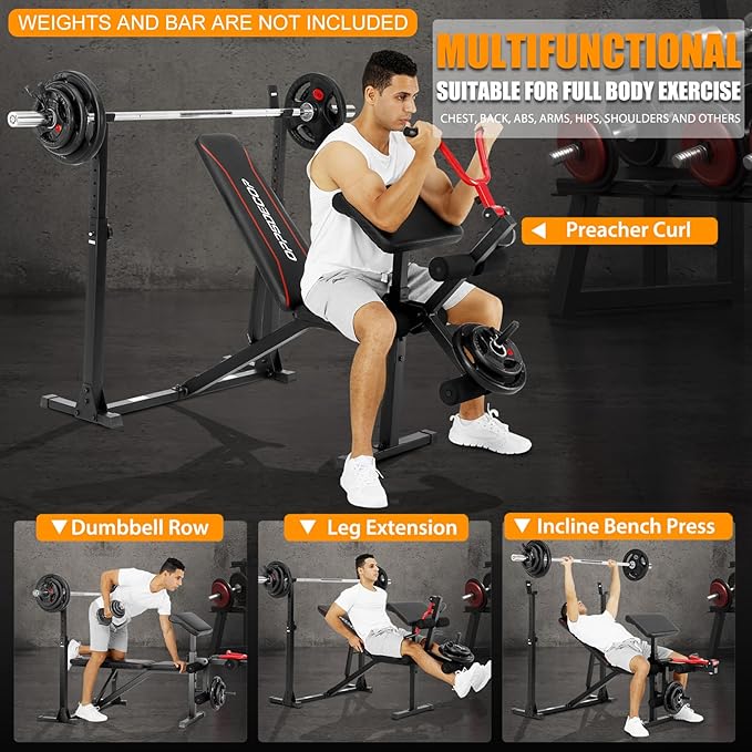 OPPSDECOR Weight Bench Set with Leg Extension and Curl, 900LBS Profesional Bench Press Set and Barbell Rack with Safety Spotter Catches, Preacher Curl Workout Benches for Home Gym