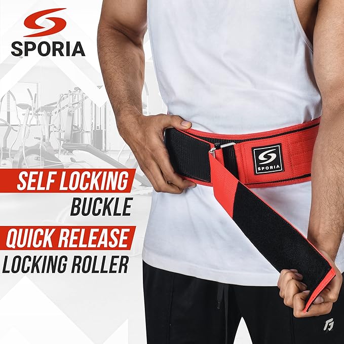 SPORIA Self-Locking Weight Lifting Belt | 4 inch Back Support | Includes Lifting Straps