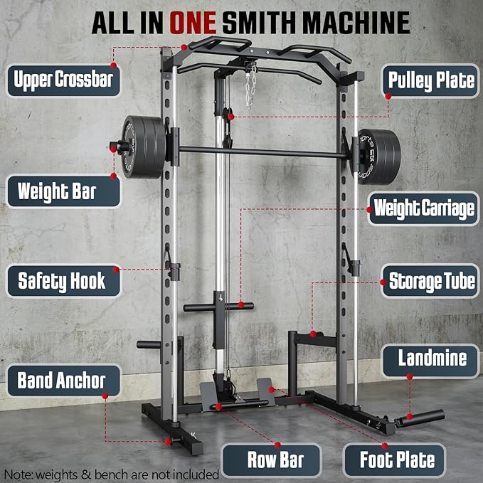 OPPSDECOR All-in-One Adjustable Smith Machine with LAT-Pull Down System Multi-Function Power Cage for Home Gym Cable Crossover Squat Rack of Workout Machine Training Equipment with Attachments
