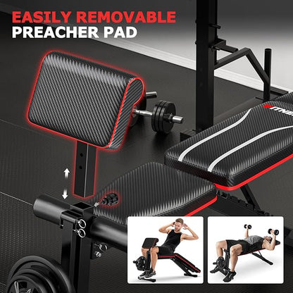 Fostoy Foldable Workout Bench Press, Adjustable Weight Bench for Home Gym, 800LB Multi Functional Gym Bench w/Leg Extension &Preacher Pad, Extra Headrest, Fast Folding Strength Training Incline Sit up Bench