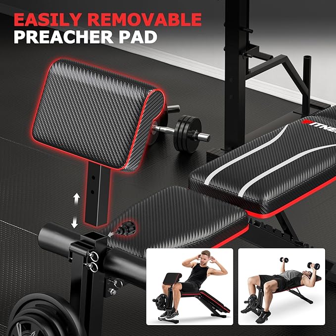 Foldable Workout Bench, Adjustable Weight Bench for Home Gym with Leg Extension, Preacher Pad, Extended Headrest, Collapsible Bench Press Full Body Workout Strength Training Banco de Pesas
