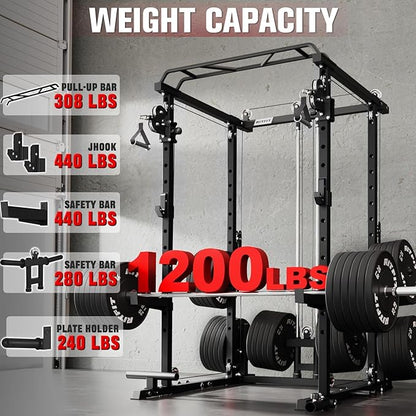 RitFit Multi-Function Garage & Home Gym Package Includes 1200LBS Power Cage PPC03/P3 with Cable Crossover System, Weight Bench, Olympic Barbell Weight Set, Full Body Workout