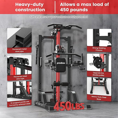Pull Up Bar Power Tower Dip Station,Cable Machine-Integrated 450LBS Multi-Function Adjustable Height Fitness Strength Training Equipment for Home Gym Strength Training Equipment