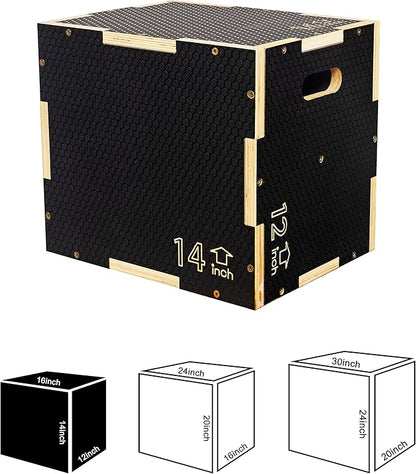 Fitvids 3 in 1 Non-Slip Wooden Plyo Box Jump Exercise Platform, Plyometric Workout Equipment for Home Gym, Training Step Box, Black, Multiple Sizes