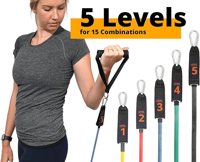 Brazyn Resistance Bands Kit with Handles 12-Piece Band Set with Travel Pouch, Guide, Ankle Straps & Door Anchor - for Workouts Gym Strength Training Bungee Yoga Pilates Physical Therapy - 150lbs