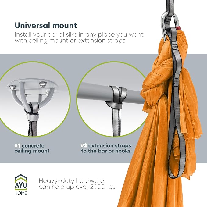 AyuHome Aerial Silks Kit for Home - Premium Yoga Swing for Kids and Adults with 660 lbs Capacity - Versatile Aerial Yoga Hammock for Gymnastics Training