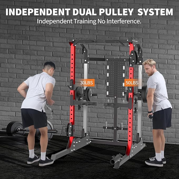 Power Cage, 2000LB Power Rack with Independent Dual Pulley System, Multi-Function Home Gym Workout Machine for Stability & Strength Training