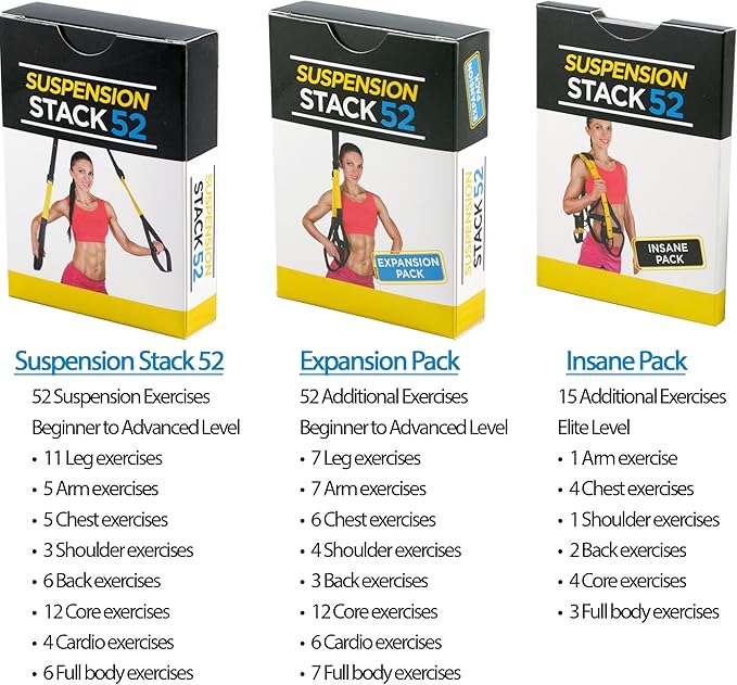 Stack 52 Suspension Exercise Cards TRI Pack. Compatible with All Suspension Trainers. Suspended Bodyweight Resistance Workout Game. Video Instructions Included. Fun at Home Fitness Training Program.