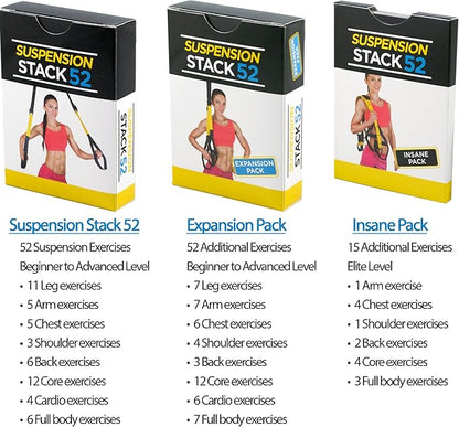 Stack 52 Suspension Exercise Cards TRI Pack. Compatible with All Suspension Trainers. Suspended Bodyweight Resistance Workout Game. Video Instructions Included. Fun at Home Fitness Training Program.