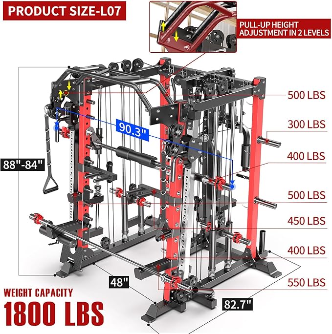 Multi-Purpose Squat Rack,Smith Machine Weight Rack Set with Cable Crossover System, Home Gym Power Racks, Power Racks and Packages