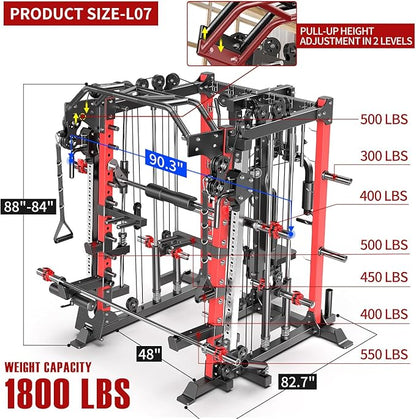 Multi-Purpose Squat Rack,Smith Machine Weight Rack Set with Cable Crossover System, Home Gym Power Racks, Power Racks and Packages
