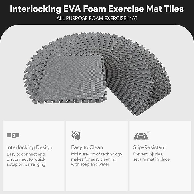 BalanceFrom Puzzle Exercise Mat 1/2" Thick, EVA Interlocking Foam Floor Tiles for Home Gym, Mat for Home Workout Equipment, Floor Padding for Kids, Multiple Sizes and Colors