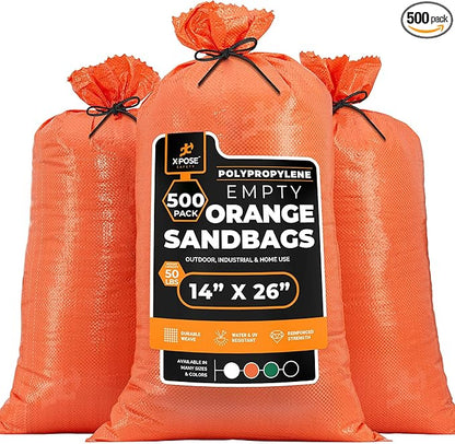 Xpose Safety Heavy Duty Sand Bags with Tie Strings – Empty Woven Polypropylene Sandbags for Hurricane Flood Protection, 50 lb Capacity, 14" x 26", Orange, Pack of 500