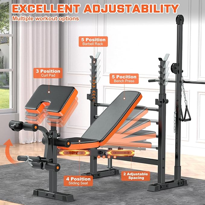 Fostoy 9-in-1 Adjustable Olympic Weight Bench with Lat Pulldown, Row, Squat Rack & Leg Curl – Multi-Function Strength Training Bench Press for Home Gym Full Body Workout