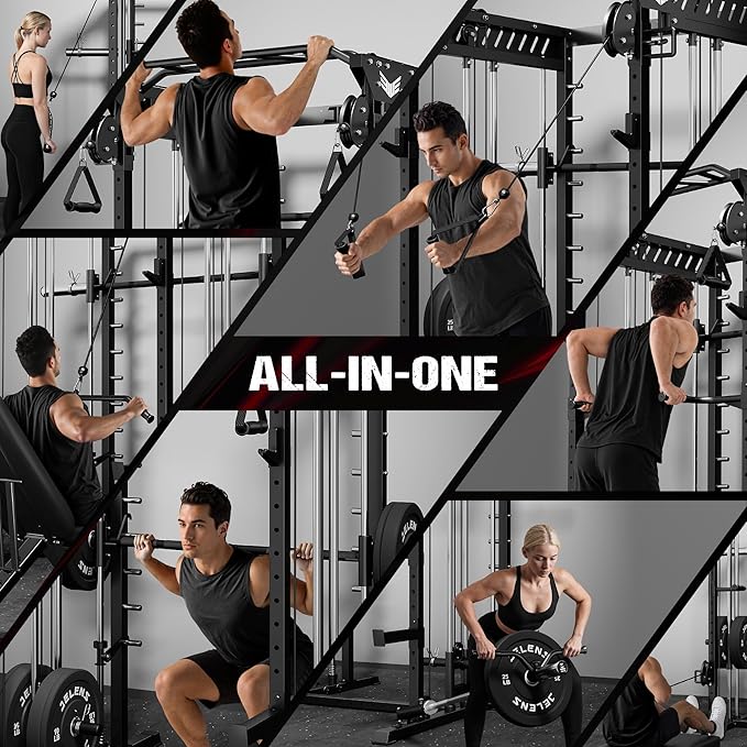 M21 Smith Machine, Multi-Function Power Cage with Dual Pulley Cable Crossover System, 2000LBS All-in-One Squat Rack with Smith Bar and Attachments for Home Gym Strength Training