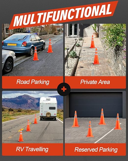 RoadHero 28 Inch 8 Pack Collapsible Traffic Cones, Multi Purpose Pop-up Orange Cones with Reflective Collar for Road Safety, Parking Cones for Sports, Driving Training