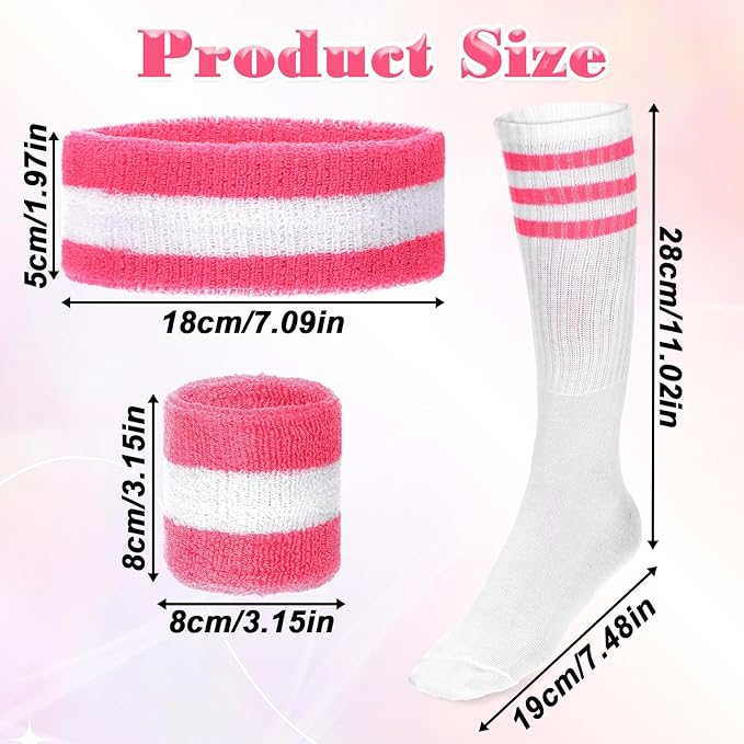 5 PCS Sweatbands Set Headband Wristbands and Striped Socks, Sweat Band for Women Neon Sports Pink Headband Fitness 80s 90s Costumes Accessories Fitness Workout Outfit for Women and Men