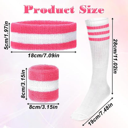5 PCS Sweatbands Set Headband Wristbands and Striped Socks, Sweat Band for Women Neon Sports Pink Headband Fitness 80s 90s Costumes Accessories Fitness Workout Outfit for Women and Men