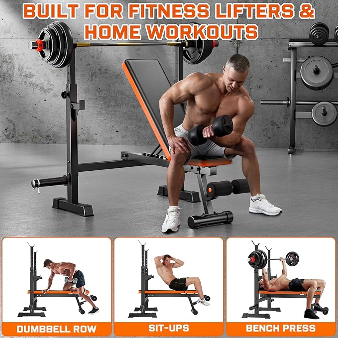 Fostoy 770lbs Weight Bench Set with Squat Rack, 5 in 1 Workout Bench Press With Removable Foot Catch, Adjustable Flat Incline Sit Up Bench for Home Gym Full Body Strength Training