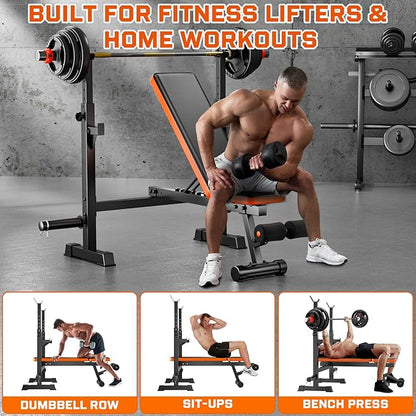 Fostoy 770lbs Weight Bench Set with Squat Rack, 5 in 1 Workout Bench Press With Removable Foot Catch, Adjustable Flat Incline Sit Up Bench for Home Gym Full Body Strength Training