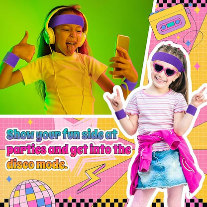 3 Pack Neon Sweatbands Set 80s Wristband and Headband Color War Accessories Sports Sweatbands for Summer Ball Party