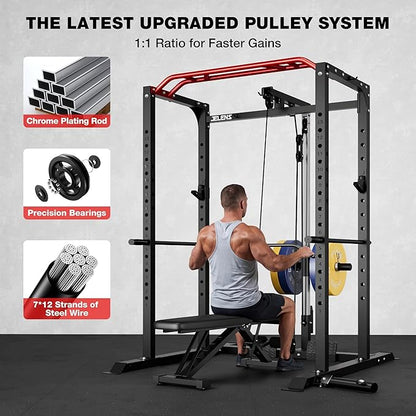 S11 Power Cage, 2000LB Multi-Function Power Rack with LAT Pulldown, Squat Rack with Adjustable Pulley System and Training Attachments, Weight Rack for Home Gym