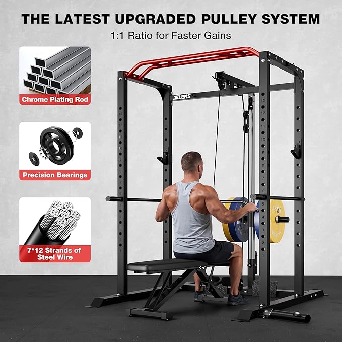 S11 Power Cage, 2000LB Multi-Function Power Rack with LAT Pulldown, Squat Rack with Adjustable Pulley System and Training Attachments, Weight Rack for Home Gym