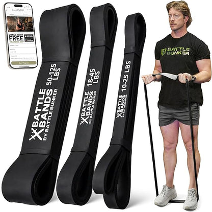 Battle Bunker Premium Resistance Bands - Natural Exercise Bands for Strength Training, Pull-Ups & Recovery - Fitness Band for Home, Gym & Mobility Workouts- Crush Your Goals Anytime- 3-Pack- 10-125lbs