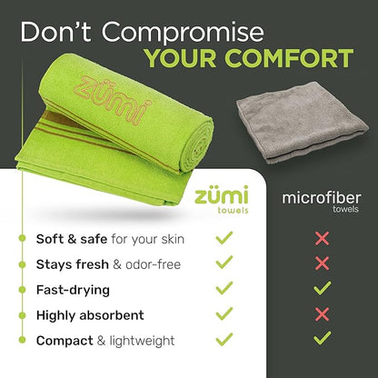 Zumi MINI 100% Cotton Camping Travel Towel - Small, Ultralight, Fast Drying, Highly Absorbent, Soft and Gentle on The Skin, Safe for The Planet (28" x 13" Green)