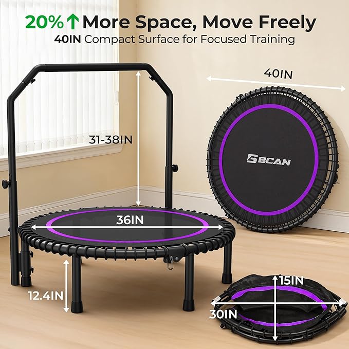 BCAN BT2 450/550LBS Mini Rebounder Trampoline for Adults with Bar, Fitness Trampoline with Bungees, Adjustable Handle, Stable & Quiet, Indoor Outdoor, Whole-Body Workout & Relaxation at Home-40IN/48IN