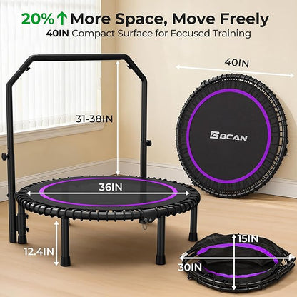 BCAN BT2 450/550LBS Mini Rebounder Trampoline for Adults with Bar, Fitness Trampoline with Bungees, Adjustable Handle, Stable & Quiet, Indoor Outdoor, Whole-Body Workout & Relaxation at Home-40IN/48IN