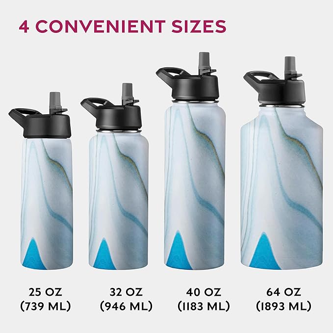FineDine Water Bottle - Stainless Steel Insulated Water Bottle with Straw Lid, Flip Lid & Wide-Mouth Cap - Keeps Hot and Cold - 25 Oz / 739ml - Exquisite Blue Marble