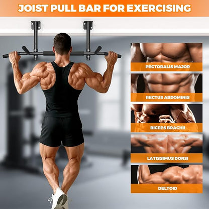 Joist Mounted Pull Up Bar, 3 in 1 Chin Up Bar Ceiling Mount Adjustable Height, 42" Wide Bar for Home Gym Cross Training Strength Building, Up to 350LBS