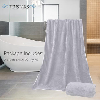 TENSTARS Silk Hemming Bath Towels for Bathroom Clearance - 27 x 55 inches - Light Thin Quick Drying - Soft Microfiber Absorbent Towel for Bath Fitness, Sports, Yoga, Travel, Gym - 2 Pack, Light Grey
