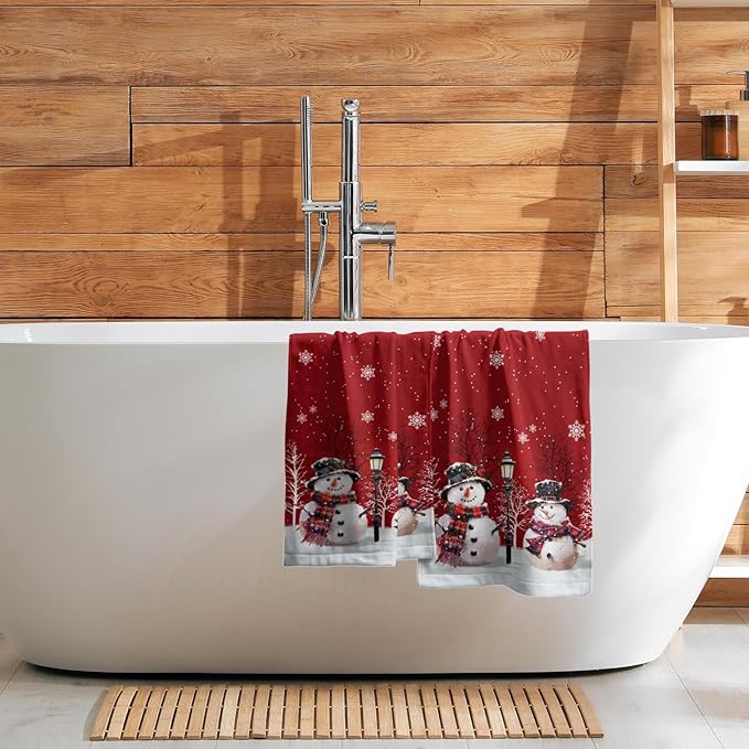 Christmas Snowman Red Dish Towels Winter Snow Bathroom Hand Towels 28.3x14 Inch Set of 2 Cute Snowman Snowflake Decorative Bath Towel for Kitchen Gym Spa Hotel