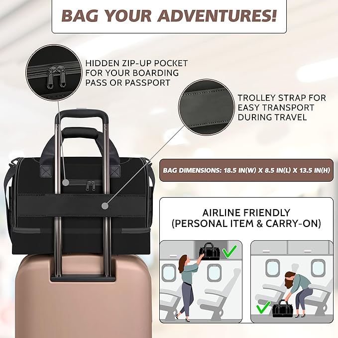 Black Small Gym Bag for Women and Men with Shoe Compartment, Sports Gym Tote Bag with Yoga Mat Holder, Waterproof Travel Duffel Weekender Workout Bag, Carry on Bag for Airplanes with 8 Pockets