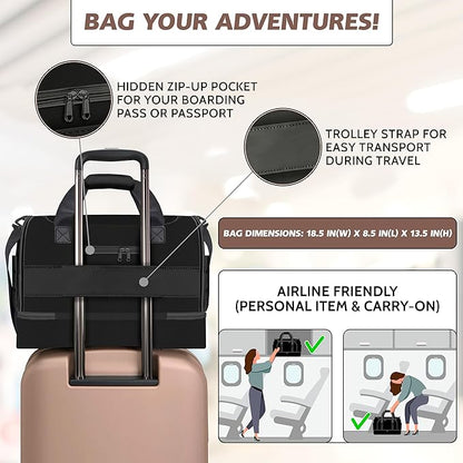 Black Small Gym Bag for Women and Men with Shoe Compartment, Sports Gym Tote Bag with Yoga Mat Holder, Waterproof Travel Duffel Weekender Workout Bag, Carry on Bag for Airplanes with 8 Pockets